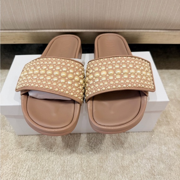 Jimmy Choo Shoes - Jimmy Choo Tan Pearl-Studded Slide Sandals